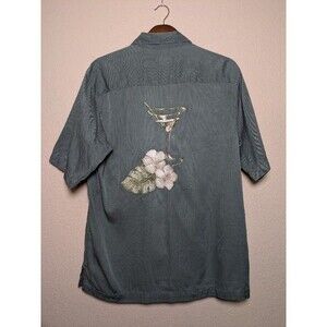 Green Silk Short Sleeve Shirt Martini Floral Embroidery Size Medium Caribbean
